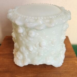 Fosteria Opal Ivory Powder Jar Victorian Style Milk Glass  Embossed Flowers Foot